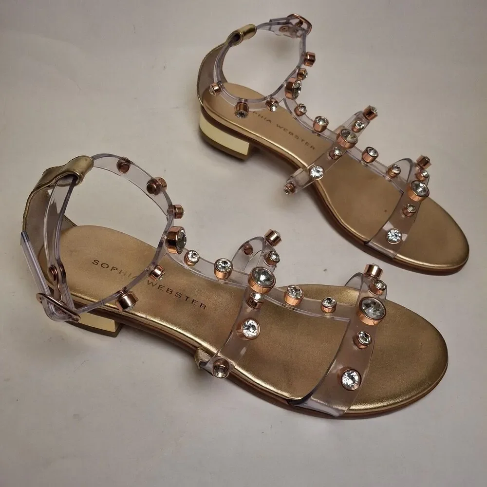 Sophia Webster Gold Dina Flat Sandal Women US5.5/ 36 Gem Studded Summer Vacation